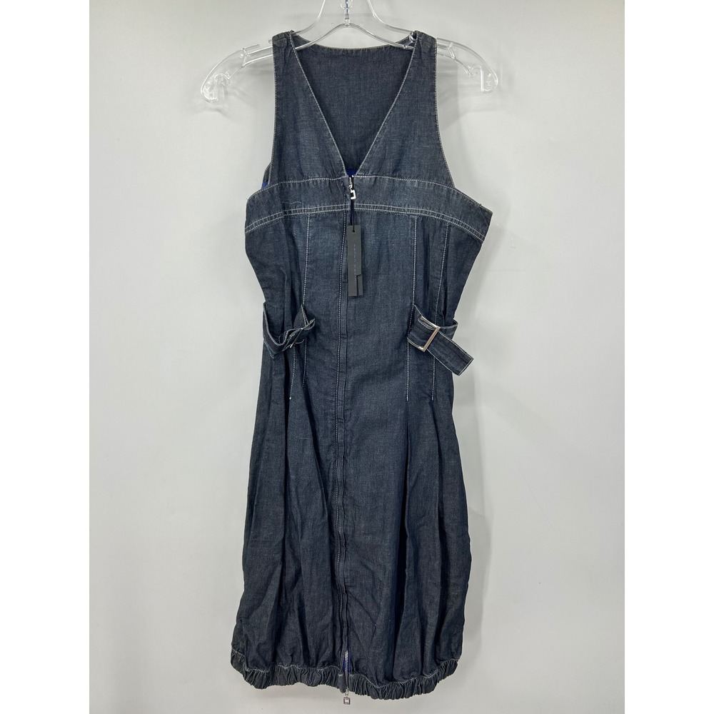 NWT Sarah Pacini Indigo Denim Zip Front Bubble Hem Dress Sleeveless Blue XS